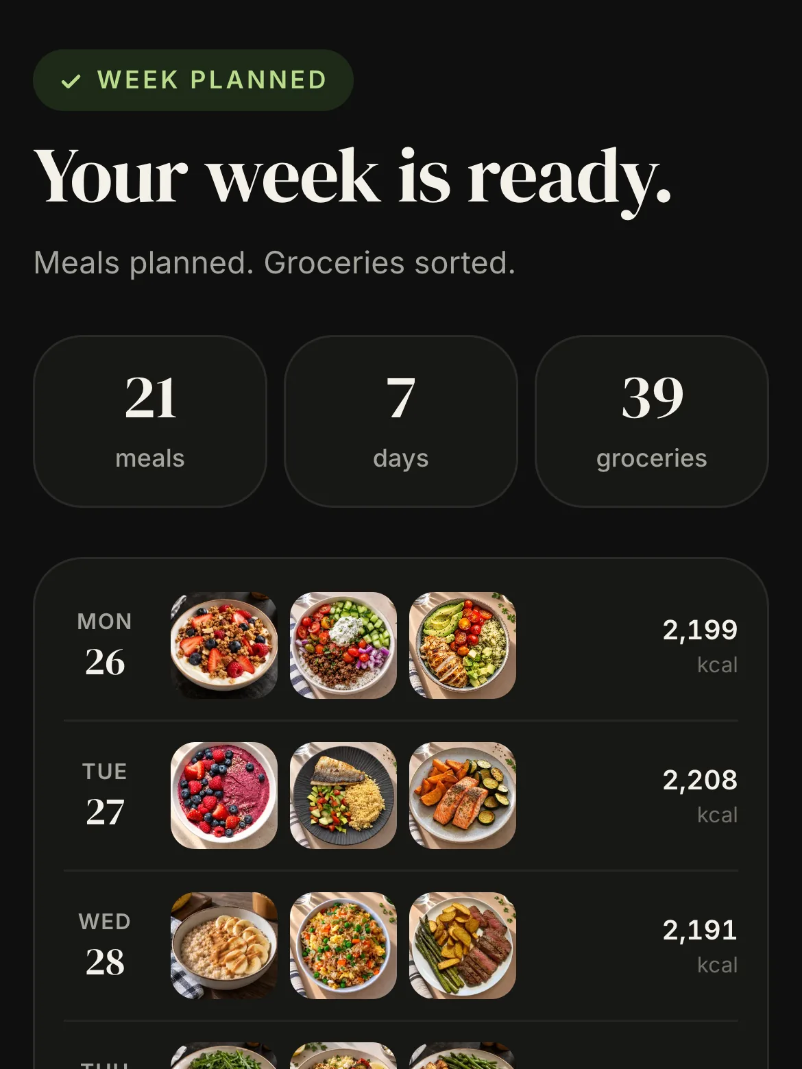 MealGain “Your week is ready” screen: 21 meals, 7 days and the grocery count, then each day with photos of its three meals and its calories