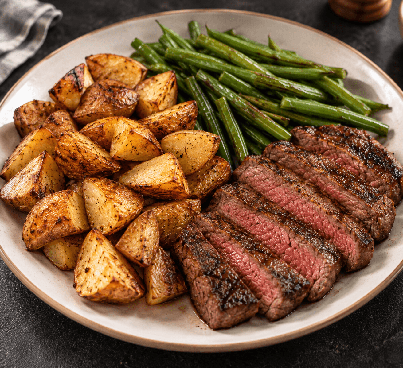 Sliced seared steak with crispy herb potatoes and green beans