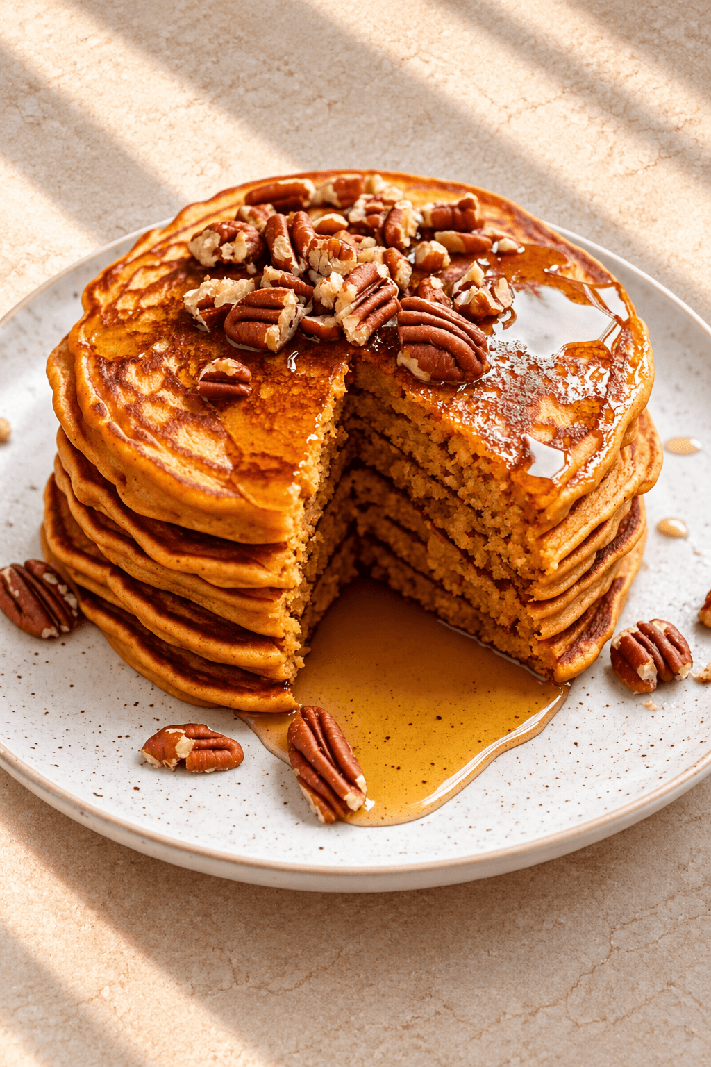 Stack of sweet potato pancakes with honey and pecans
